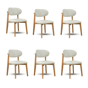 Krzesło do jadalni Inci – (zestaw 6 szt.) – Beżowa Tkanina Matis – Drewniane Nogi