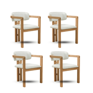 Krzesło do jadalni Milano - (zestaw 4 szt.) - Beżowa Tkanina Boucle - Drewniane Nogi